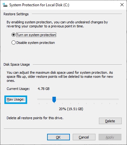 کاهش فضای ذخیره سازی فایل های restore point